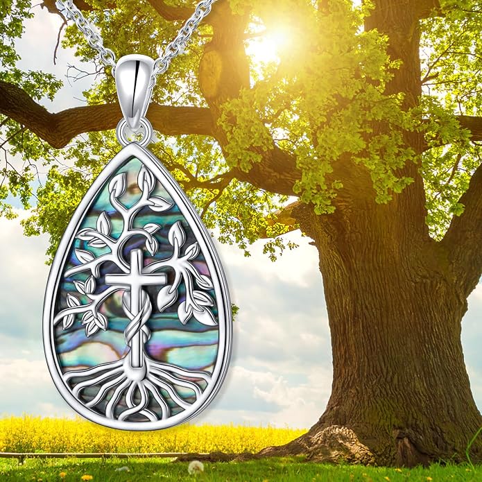 Abalone Shell Tree of Life Necklace 925 Sterling Silver Tear Drop Cross Pendent Necklace Mothers day Christmas Jewelry Gift for Women Men