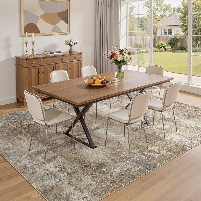 9x12 Area Rugs for Living Room, Washable Non Slip Bedroom Carpet | Neutral Modern Abstract Large Area Rug, Soft Low Pile Lightweight Made for Dining Room, Nursery, Home Office - Dark Brown