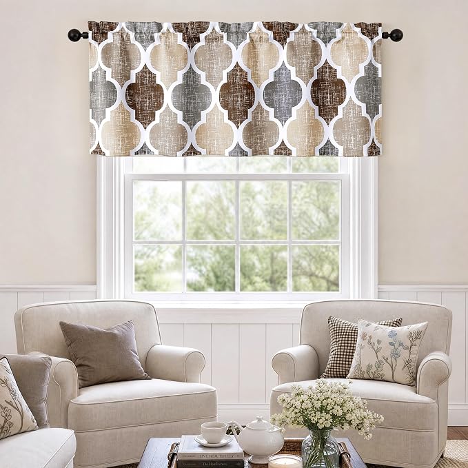 Beauoop Moroccan Valance Curtains for Kitchen Cafe Brown Grey 52x18 1 Panel | Geometric Blackout Short Curtains for Living Room Bedroom 18 Inch Length Thermal Quatrefoil Small Window Curtains Rod Pocket