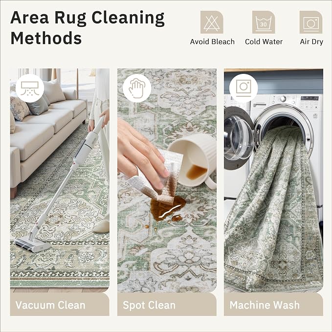 Soalmost 10x14 Area Rugs for Living Room, Non Slip Machine Washable Vintage Rugs, Low Pile Lightweight Large Rug for Bedroom, Dining Room, Home Office Green/Brown