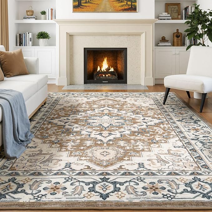 Lessymo 5x8 Area Rug for Living Room - Machine Washable Area Rugs, Super Soft Faux-Wool Area Rugs for Bedroom Kitchen, Boho Rug Vintage Floral Non-Slip Low Pile, Brown Beige