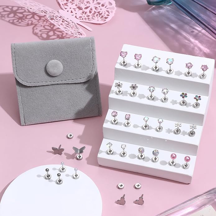 CASSIECA 16 Pairs Hypoallergenic Screw Back Earrings for Women Girls 316L Stainless Steel CZ Ball Heart Flower Screwback Flat Back Stud Earrings Jewelry Gift Women Multicolored Pink