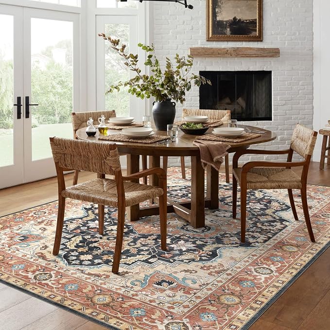 LUXRUG Oriental Living Room Rug 5x7 - Terracotta Black Washable Area Rug Soft Bedroom Rug Vintage Medallion Farmhouse Dining Room Rugs for Under Table Ultra-Thin Carpet for Living Room Bedroom Foyer