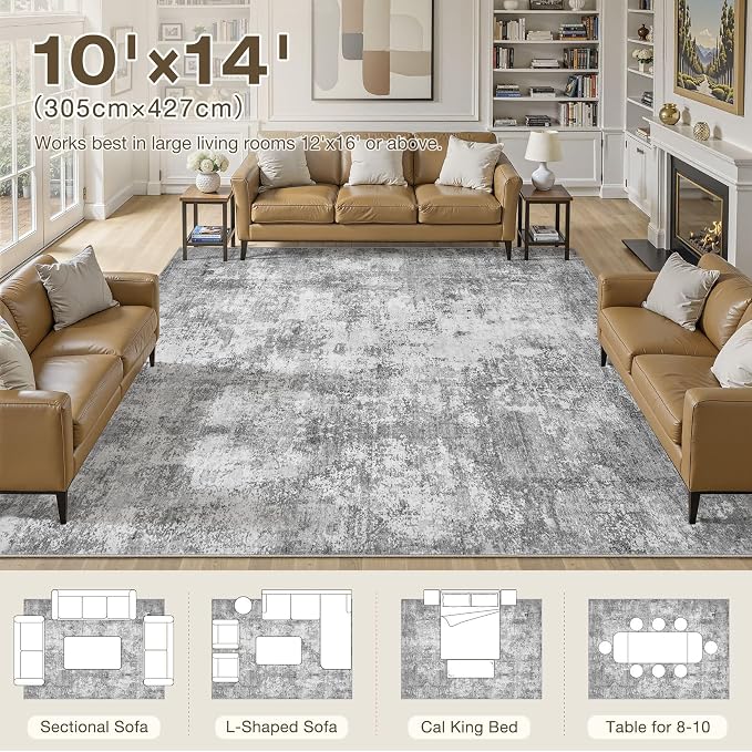 10x14 Area Rugs for Living Room, 10x14 Rug Washable High-Low Pile | Neutral Modern Abstract Carpet, Non Slip Lightweight Soft Made for Dining Room, Home Office Indoor Decor - Gray