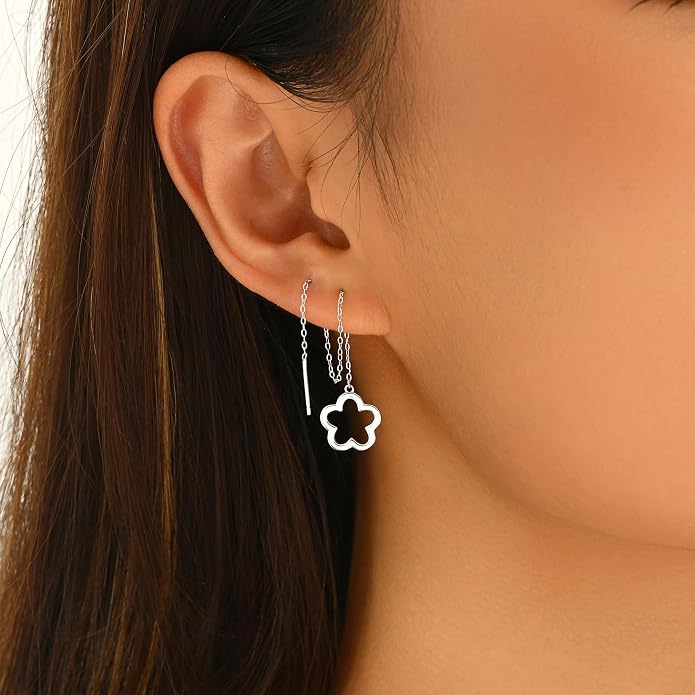 Flower Threader Drop Earrings for Women, 925 Sterling Silver Dainty Hollow Floral Dangle Earrings to Daughter Mother 14k Gold Plated Flowers Long Tassel Chain Earring Birthday Wedding Jewelry Gift