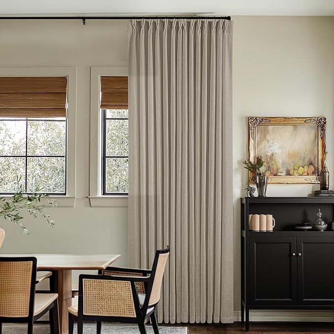 Pinch Pleated Linen Curtains 86 Inches Long for Living Room 2 Panels Set Greyish Beige Flax Double Pleated Drapes Back Tab Farmhouse Ceiling Floor 86 Inch Window Curtains Bedroom Burlywood Birch