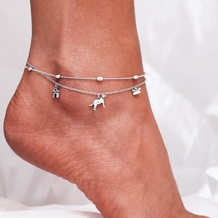 CHIC & ARTSY 925 Sterling Silver Ankle Bracelets for Women, Adjustable Layered Foot Chains with Nature & Symbol Charms, Lightweight Comfort Fit Boho Beach Everyday Jewelry