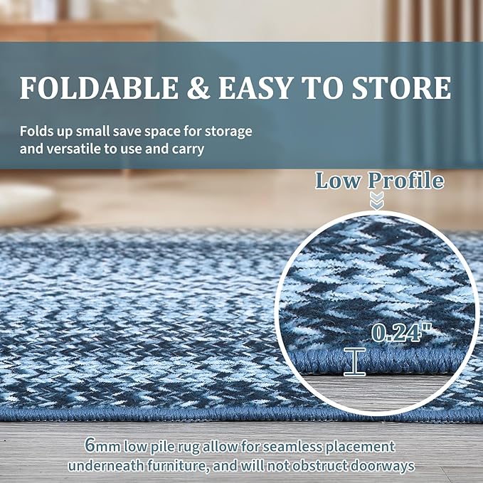 RUGSREAL 10x13 Large Living Room Rug Braided Print Rugs Boho Accent Throw Carpet Farmhouse Rustic Non Slip Geometric Bordered Area Rug Bohemian Carpet for Bedroom Home Decor Office, Blue
