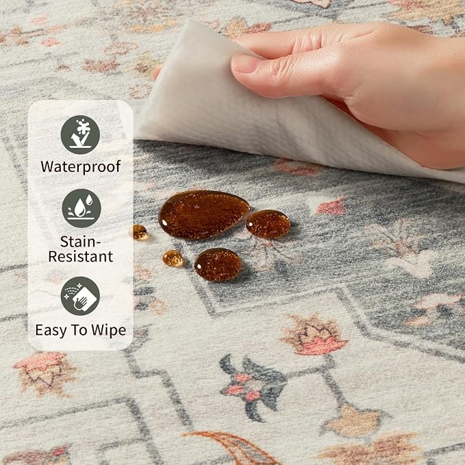 Rugxara 6x9 Tapue Washable Area Rug for Living Room, Vintage Neutral Large Boho Rugs for Office, Dining Room, Kids Room, Farmhouse, Low Pile Non Slip Carpet for High Traffic Areas, Taupe
