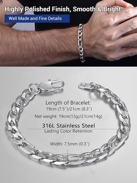 PROSTEEL Silver/Gold/Black Bracelets for Men Figaro Cuban Link, 6mm-13mm Width, 7.5"/8.3"/9" Length, Stainless Steel Mens Bracelet Jewelry with Gift Box