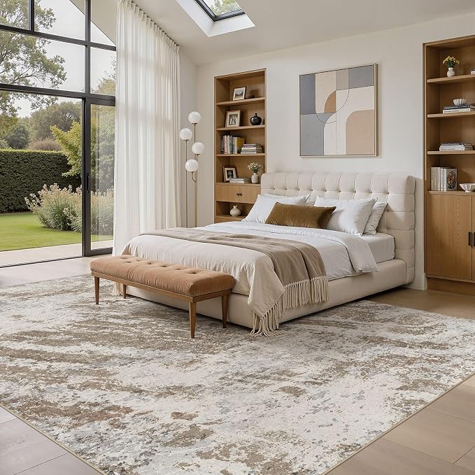 DMOYEST 8x10 Washable Area Rug: Abstract Modern Non-Slip Carpet, Soft Low Pile Indoor Neutral Easy Clean Floor Rugs for Living Room Bedroom Dining Room Kids & Pets - Brown