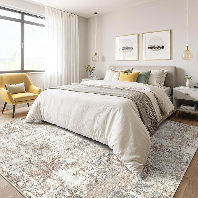 LOONGRUG 7x9 Area Rug Living Room: Machine Washable Large Abstract Soft Rugs Stain Resistant Indoor Floor Non Slip Accent Carpet for Bedroom Nursery Playroom Office Dining Room Dorm Home House- Brown