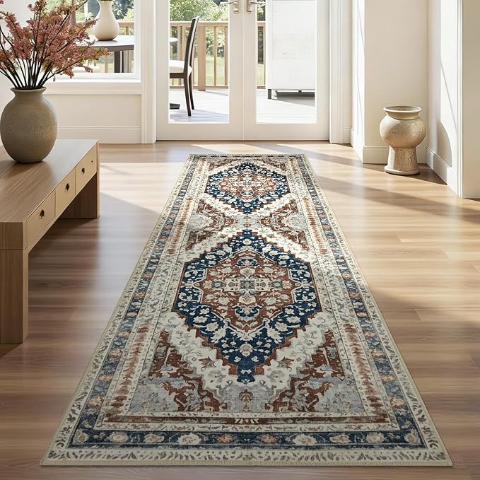 Joydeco Washable 2x6 Hallway Runner Vintage, Beige & Blue & Reddish-Brown | Water Resistant Low Pile Non Slip Backing for Kitchen Entryway Bedroom Bathroom Dining Room