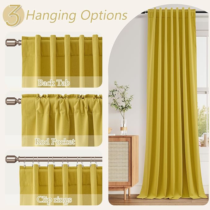 Guken 100% Blackout Curtains 90 Inch Length 2 Panels Set for Living Room Bedroom Back Tab Thermal Insulated Black Out Linen Drapes Room Darkening Celery Yellow,52x90