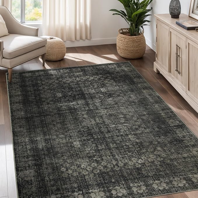 4x6 Vintage Washable Area Rug for Living Room,Low Pile Non Slip Carpet Small Area Rug Soft Indoor Stain Resistant Rug Floral Print Mat for Bedroom Dining Room Entryway Home Decor Black