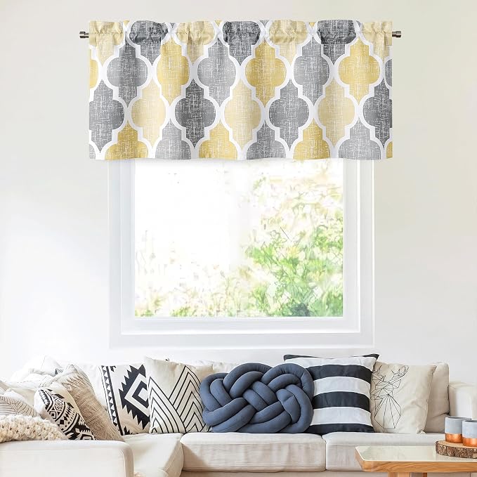 Beauoop Moroccan Valance Curtains Kitchen Cafe Yellow Grey 52x18 1 Panel | Geometric Blackout Short Curtains for Living Room Bedroom 18 Inch Length Thermal Quatrefoil Small Window Curtains Rod Pocket