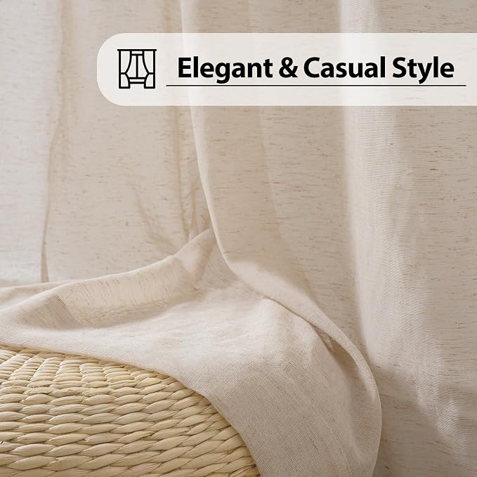 FMFUNCTEX Taupe Flax Linen Sheer Curtains 84 Inch Long Rod Pocket 2 Panels | Semi Sheer Window Drapes Taupe for Bedroom and Living Room, Farmhouse French Window Curtain Privacy