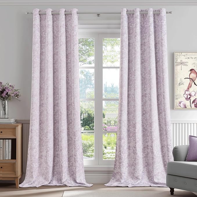 Beauoop Purple Floral Jacquard Blackout Curtains for Bedroom 52x72 2 Panels | Flower Chenille Room Darkening Drapes for Living Room 72 Inch Long Thermal Insulated Soundproof Window treatment Grommet