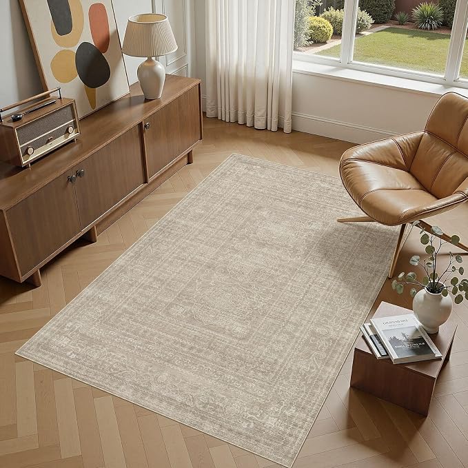 Nakagishi 4x6 Area Rugs Living Room: Washable Large Vintage Rug Neutral Non-Slip Soft Stain Resistant Indoor Carpet for Bedroom Nursery Dining Room Office Playroom - Brown