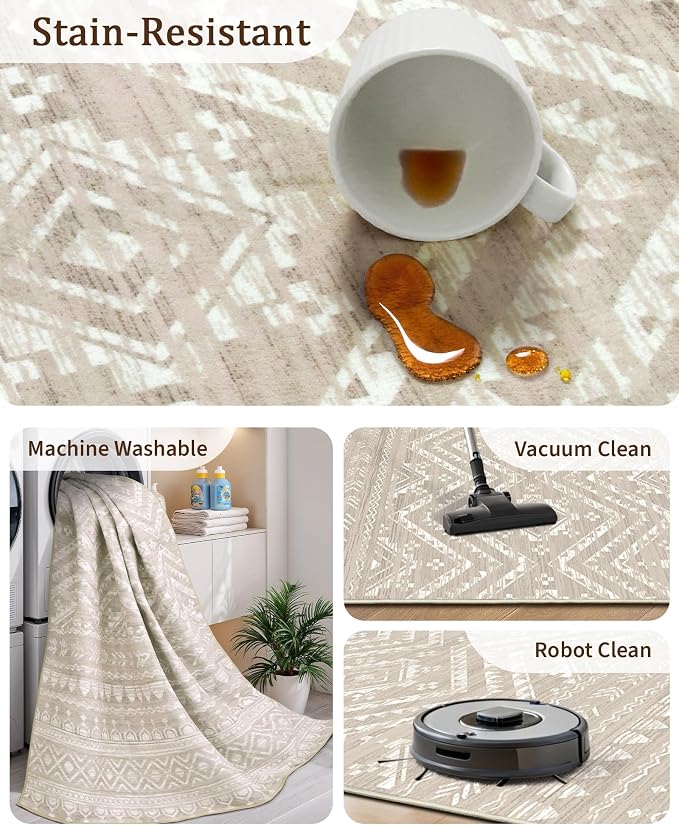 Miukiki 4x6 Area Rug for Living Room Moroccan Washable Rugs Non Slip Indoor Floor Carpet Foldable Large Soft Area Rug for Dining Room Bedroom with Low Pile(Brown,4'x6')