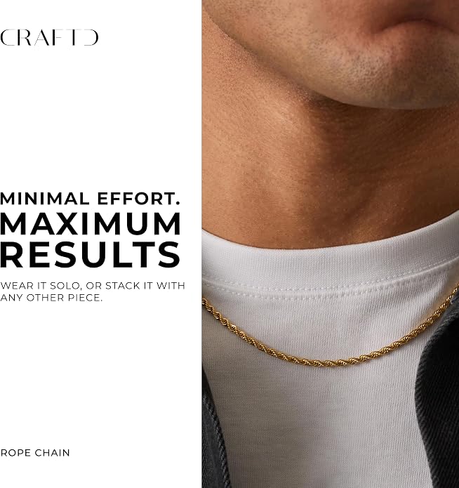 CRAFTD - Gold Rope Link Chain - Durable 18K Gold & 316L Stainless Steel - Waterproof, Heat & Sweat Resistant - Gifts for Men - Men's Jewelry