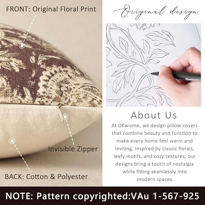 Vintage Floral Print Throw Pillow Covers 20x20 Set of 2 Neutral Modern Farmhouse Accent Decorative Cushion Covers Boho Home Decor for Couch Sofa Chair Bed Living Room, Oxblood