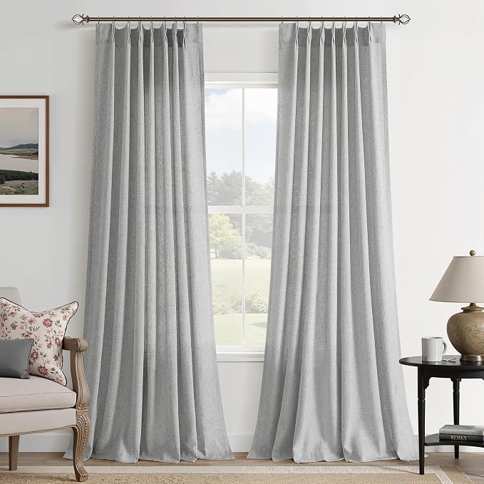 Aersas Light Grey Pinch Pleated Linen Curtains 90 Inch Length 2 Panels for Living Room Bedroom Semi Sheer Window Curtain Boho Neutral Back Tab Pinch Pleat Drape with Hooks 40x90