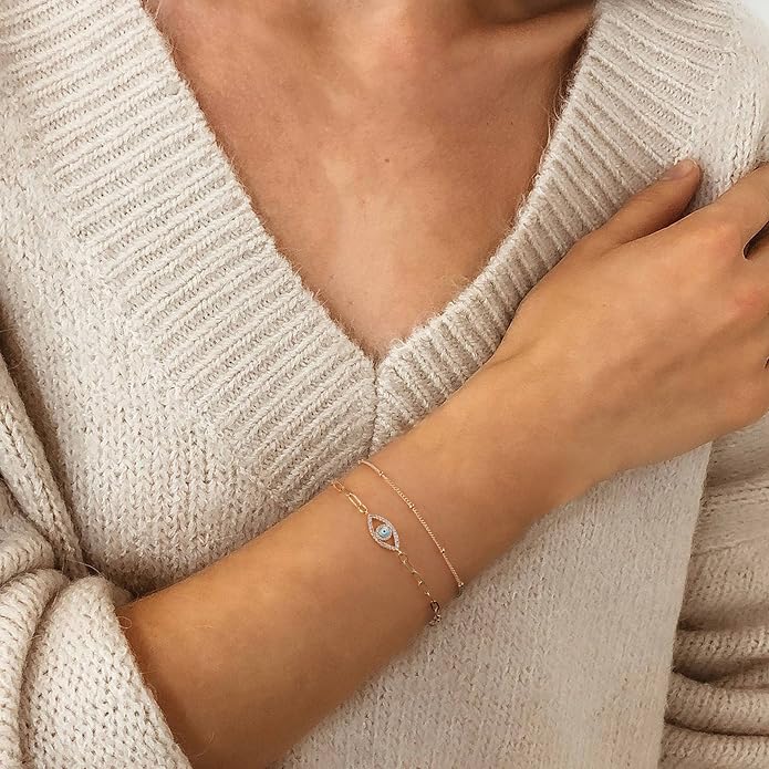 Dainty Gold Bracelets for Women, 14K Gold Plated Adjustable Layered Beads Bracelet Cute Evil Eye Oval Chain Pearl Bar Turtle Gold Bracelets for Women Jewelry