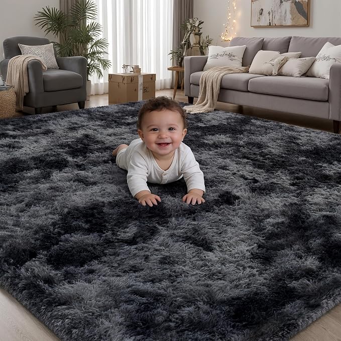 Area Rug for Living Room Bedroom: 5x7 Black Grey Soft Fluffy Shag Upgrade Non-Slip High Pile Carpet Large Fuzzy Plush Indoor Floor Decor Shaggy Rug for Kid Boys Girls Playroom Nursery Modern Home