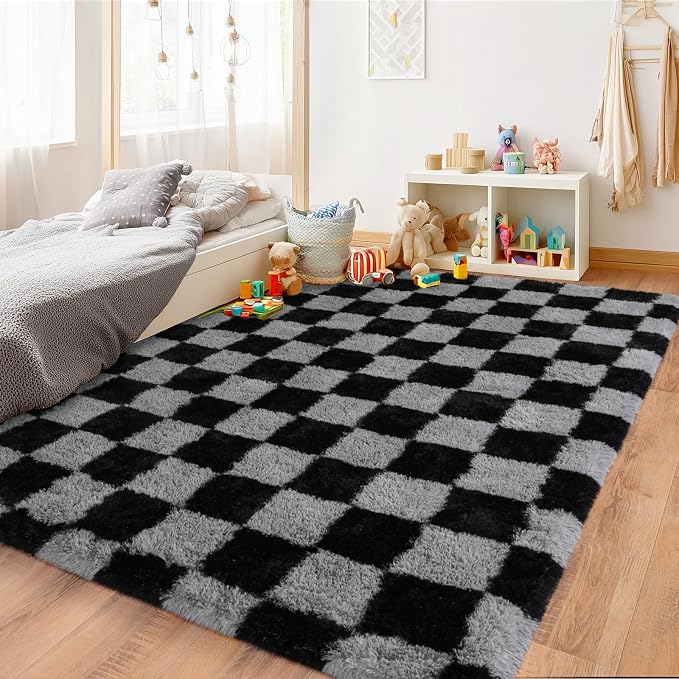 Pionblank Checkered Rug for Bedroom 4x6, Modern Shag Carpet, Soft Plush Non Slip Fluffy Rugs for Living Room Kids Room Home Decor, Black and Grey