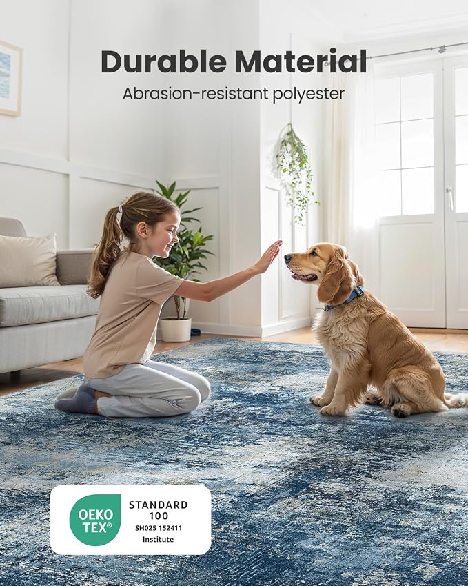 AMADA HOMEFURNISHING 5x7 Area Rugs for Living Room, Modern Abstract Washable Rug Neutral Soft with Non-Slip Backing & Low Pile Kids Rug for Resistant, Bedroom, Nursery Home Office, Navy Blue