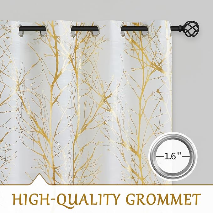 FMFUNCTEX Linen Gold White Semi Sheer Print Curtains 54 Inch Long 2 Panels | Metallic Branch Sheer Patterned Drapes, Light Filtering Grommet Panels for Modern Farmhouse Bedroom and Living Room Style