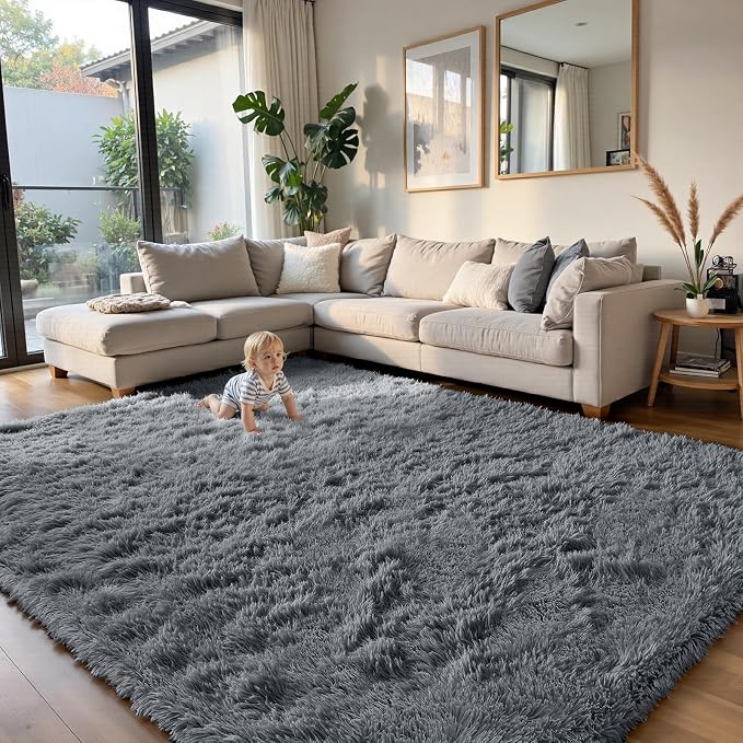 yongyangjuxin Fluffy Rug Shag Area Rug, Grey 9x12 Area Rugs for Living Room, Large Shag Area Rugs for Bedroom Room Home Decor, Upgrade Anti-Skid Rectangular Fuzzy Rugs