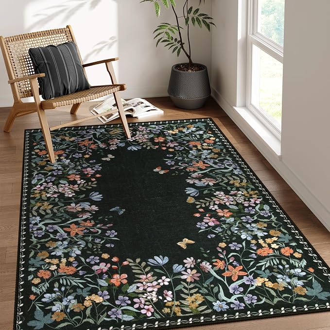 Wonnitar 5x7 Washable Area Rug, Black Floral Rug for Bedroom, Boho Flower Rug for Dining Room, Non Slip Low Pile Living Room Carpet, Botanical Farmhouse Indoor Decor (5x7 Black)