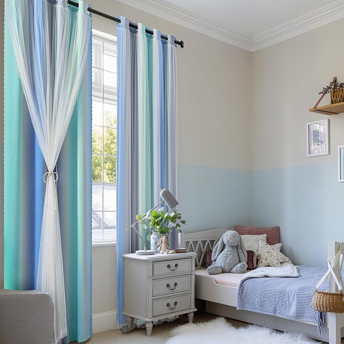 XiDi 100% Blackout Curtains for Girls Bedroom Living Room 96 Inch Length 2 Panels Kids Rainbow Blue Green Grey Mix & Match Double Layer Curtains with Sheer Overlay Grommet Window Drapes 52W x 96L