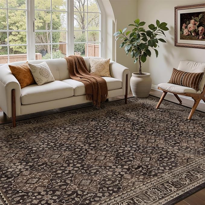 Dark Brown Black Rugs for Living Room 6x9, Vintage Farmhouse Dining Room Rugs for Under Table, Washable Low Plie Carpet Rug for Bedroom, Non Slip Moroccan Floral Trellis Rug for Home Office