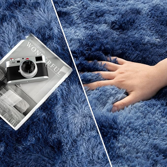 Deerhoo Large Shag Area Rugs 8 x 10, Plush Fuzzy Rugs for Living Room, Ultra Soft Fluffy Furry Rug for Bedroom, Indoor Carpet Nursery Rugs for Kids Room Home Decor, Tie-Dyed Navy Blue