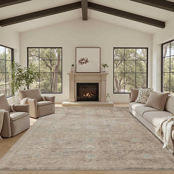 Rugxara Beige 8x10 Area Rugs for Living Room Bedroom Large Washable Rug | Non Slip, Rug for Dining Room Bedroom Office Kids Room, Stain Resistant, Soft, Low Pile, Vintage Boho Retro Carpet,Home Decor