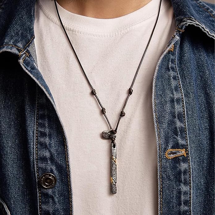 Mens Personalized Bar Pendant Wax Rope Necklace | Handmade Engravable Charm Braided Leather Cord Adjustable Necklace Jewelry Gift for Dad Husband Boyfriend