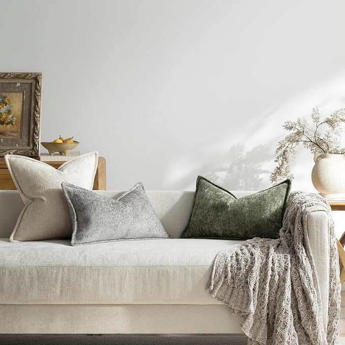 DEZENE Pack of 2 Beige Decorative Throw Pillow Covers 18x18 Cozy Soft Chenille Boho Accent Vintage Farmhouse Square Couch Pillow Covers for Home Decor Bed Sofa Living Room