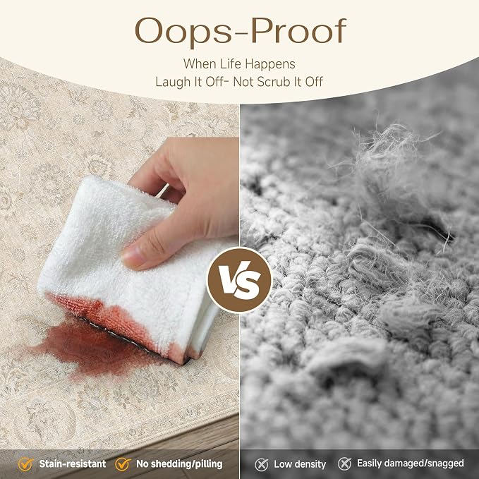6x9 Cream Washable Area Rug for Living Room Bedroom Neutral Floral Soft Non Slip Rug Low Pile Distressed Carpet for Dining Room Nursery Office Indoor