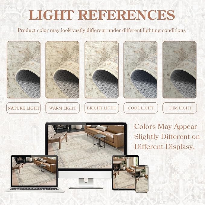 Collive Washable Area Rug 8x10, Neutral Boho Rugs for Living Room Rugs 8x10 Non Slip Farmhouse Modern Bedroom Carpet Stain Resistant Aesthetic Print Accent Floor Mat for Dining Guest Office - Tan