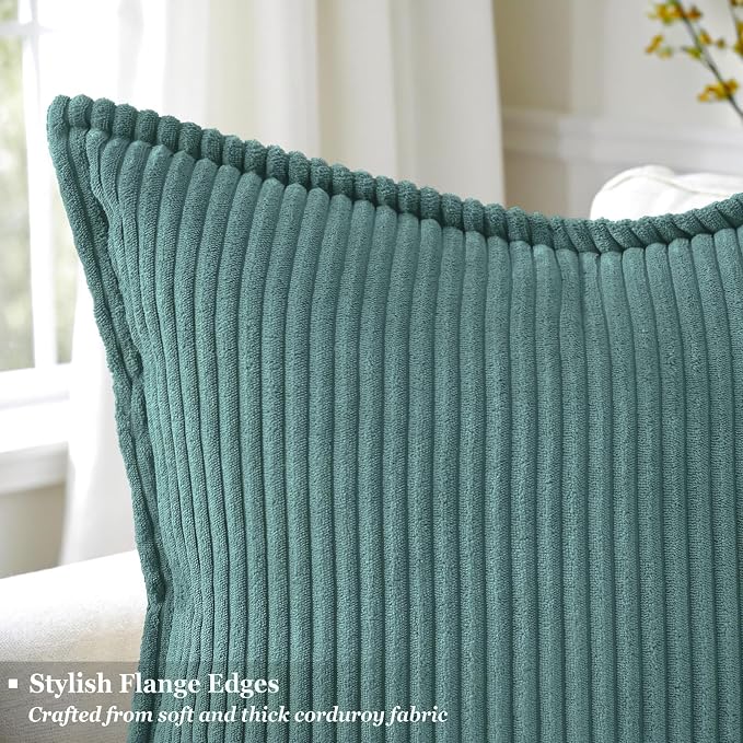 decorUhome Fall Corduroy Turquoise Throw Pillow Covers 26x26 Set of 2 | Euro Sham Couch Decorative Soft Modern Boho Farmhouse Pillow Covers Broadside Striped Pillow Cases for Living Room Bed Sofa