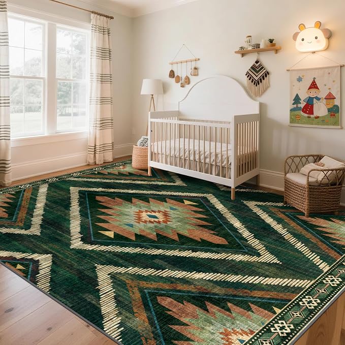 Boho Washable Area Rugs 8x10ft, Large Low Pile Living Room Area Rug Non Slip, Green Moroccan Bedroom Carpets, Non Shedding Soft Floor Carpet for Dining Room Nursery Home Office