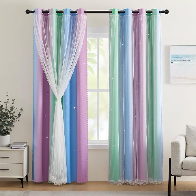 XiDi Girls Curtains for Bedroom 63 Inches Long 2 Panels Green Purple Blue Rainbow Blackout Curtains for Little Girl Kids Room Decor Living Room, Princess Unicorn Wall Decals Drapes 52x63
