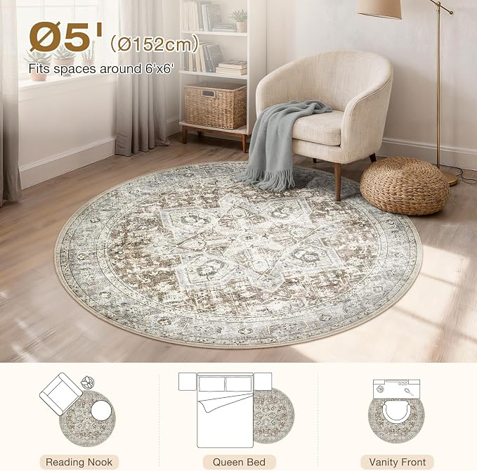 Tortania 5' Round Area Rug Living Room Rugs - Washable Boho Rug Vintage Oriental Distressed Farmhouse Large Thin Indoor Carpet for Bedroom Under Dining Table Home Office - Brown Blue