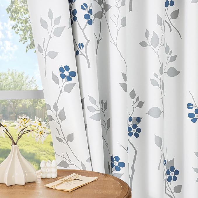Beauoop Floral 100% Blackout Curtains for Bedroom Blue Grey 52X90 2 Panels | Flower Patterned Blue White Room Darkening Drapes for Living Room 90 Inch Long Thermal Soundproof Window treatment Rod Pocket