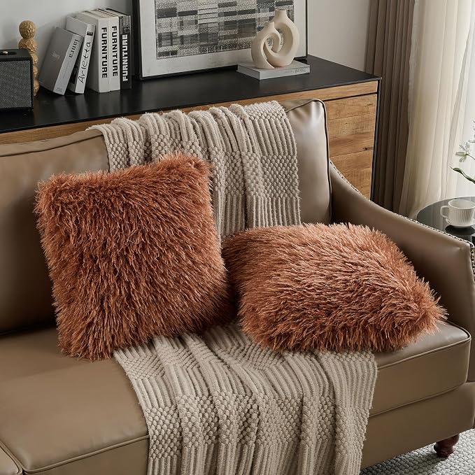 FUTEI Pack of 2 Shaggy Mongolian Faux Wool Throw Pillow Covers 18x18 Inch Soft Fluffy Farmhouse Decorative Cushion Case for Couch Bed Living Room, Rust