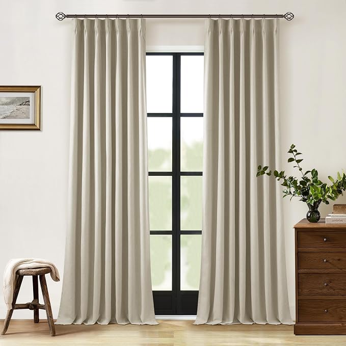 Burlywood Birch Blackout Pleated Linen Curtains 108 Inches Long 2 Panels | Pinch Pleat with Back Tab, Thermal Insulated 100% Black Out, Farmhouse Cottage, Taupe Drapes for Bedroom Living Room 9 FT