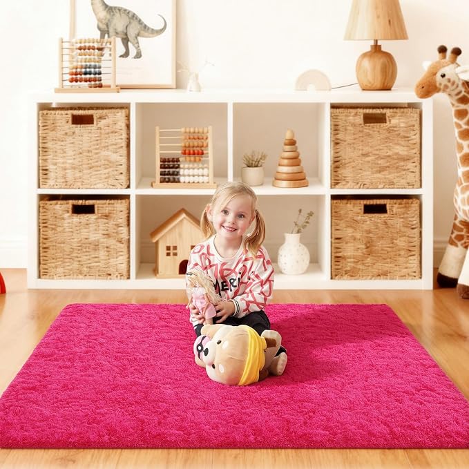 4x6 Rugs for Bedroom, Fluffy Area Rugs for Living Room, Small Fuzzy Shag Soft Non-Slip Carpet for Kids Girls and Boys Nursery Dorm Indoor Room Home Decor (4ft X 6ft, Hot Pink)